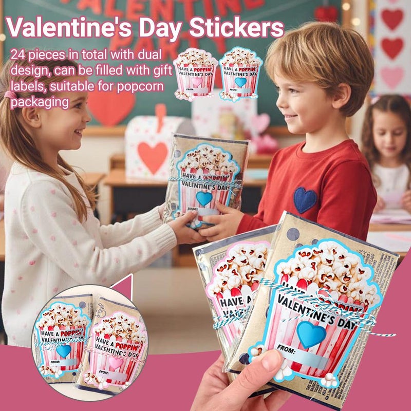 Have a Poppin Valentines Day Sticker, 24pcs Valentine's Day Labels, Popcorn Valentine Stickers for Valentines Birthday Gifts Party Favors Decoration - Image 3